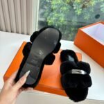 Hermes Shearling Fur Oran Silver Buckle Sandal Black - Image 9