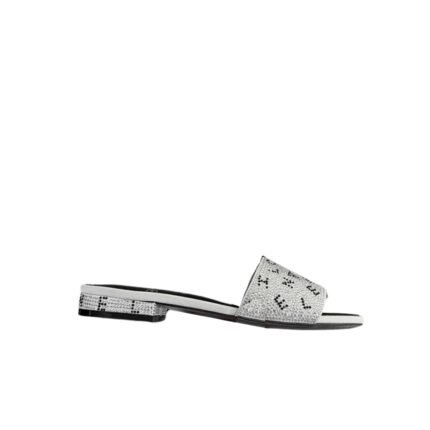 Chanel 24P Beaded Diamond Logo Slippers Silver