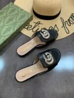 Gucci Double G Slippers Leather Beaded In Black - Image 4