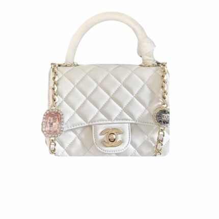 Gucci Mini Flap Bag With Top Handle Bijoux Chain White 18Cm