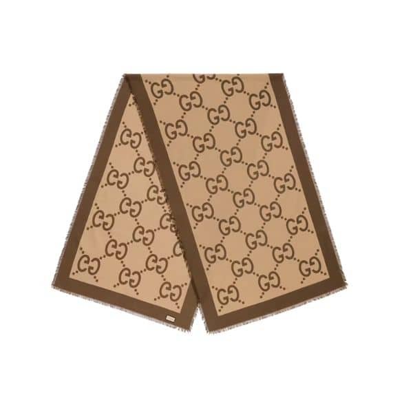 GS01-1-1 Gucci Maxi Gg Cotton Silk Jacquard Scarf Beige 757147 4Gaf9 9564 - Image 1