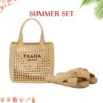Summer Set: Prada Raffia Grass Small Crochet Tote Bag Natural 22Cm And Raffia Crisscross Slides Natural