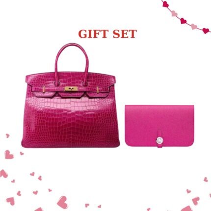 Gift Set: Hermes Birkin 25 Crocodile Gold-Toned Hardware Dark Pink With Dogon Duo Long Wallet Dark Pink 20Cm