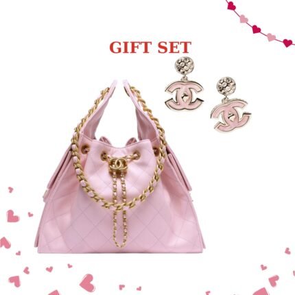 Gift Set: Chanel 25 Small Handbag Grained And Gold Tone Metal Light Pink 26Cm AS5293 B20304 NAGEO With Large Enamel Cc Dangle Earrings Light Pink