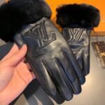Louis Vuitton Leather Gloves Lv Embroidery With Fur Black - Image 7