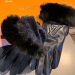 Louis Vuitton Leather Gloves Lv Embroidery With Fur Black - Image 4