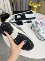 Chanel 23C Silver Metallic Cc Logo Lace Up Flat Runner Trainer Sneaker White Turquoise - Image 2