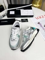 Chanel 23C Silver Metallic Cc Logo Lace Up Flat Runner Trainer Sneaker White Turquoise - Image 4