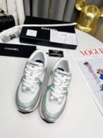 Chanel 23C Silver Metallic Cc Logo Lace Up Flat Runner Trainer Sneaker White Turquoise - Image 5