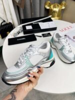 Chanel 23C Silver Metallic Cc Logo Lace Up Flat Runner Trainer Sneaker White Turquoise - Image 7