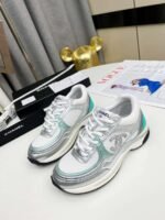 Chanel 23C Silver Metallic Cc Logo Lace Up Flat Runner Trainer Sneaker White Turquoise - Image 8