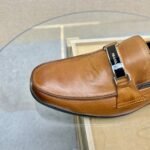 Prada Brushed Leather Loafer Plate Bit Logo Brown - Image 4