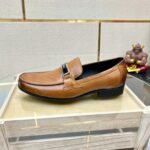 Prada Brushed Leather Loafer Plate Bit Logo Brown - Image 5