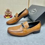 Prada Brushed Leather Loafer Plate Bit Logo Brown - Image 2