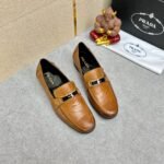 Prada Brushed Leather Loafer Plate Bit Logo Brown - Image 9