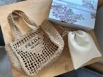 Summer Set: Prada Raffia Grass Small Crochet Tote Bag Natural 22Cm And Raffia Crisscross Slides Natural - Image 4