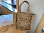 Summer Set: Prada Raffia Grass Small Crochet Tote Bag Natural 22Cm And Raffia Crisscross Slides Natural - Image 5