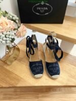 Prada Linen Espadrille Wedge Sandals Blue - Image 2