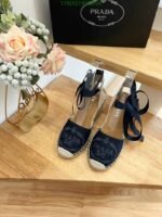 Prada Linen Espadrille Wedge Sandals Blue - Image 3