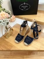 Prada Linen Espadrille Wedge Sandals Blue - Image 4