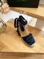 Prada Linen Espadrille Wedge Sandals Blue - Image 5