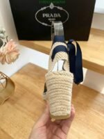 Prada Linen Espadrille Wedge Sandals Blue - Image 8