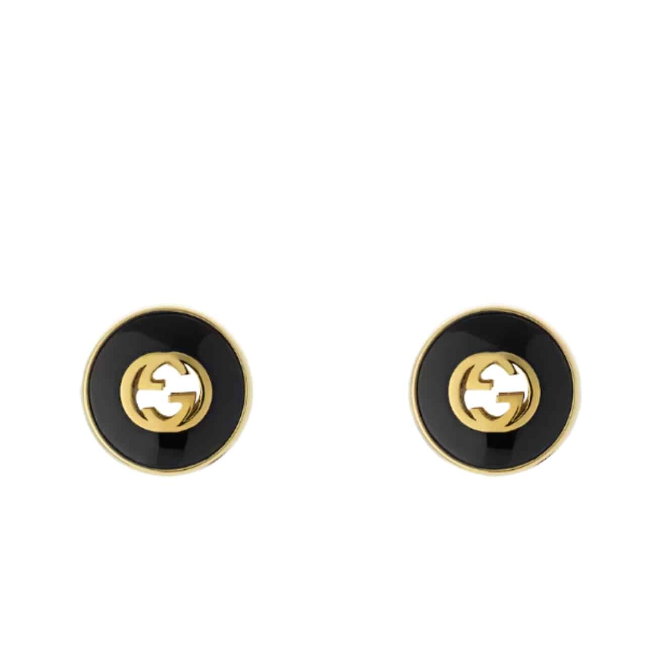 Thumbnail-19-4-3 Gucci Interlocking 18K Stud Earrings Gold And Black 786554 J85F0 8030 - Image 1