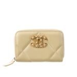 Chanel 19 Card Holder With Zipper Leather Beige Wallet