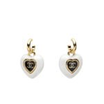 Chanel Heart Logo Dangle Earrings In White With Gold