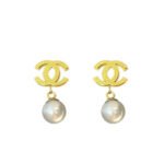 Chanel Cc Faux Pearl Drop Earrings With Gold