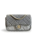 Chanel Flap Bag Teddy Shearling And Gold Tone Metal Grey 25Cm