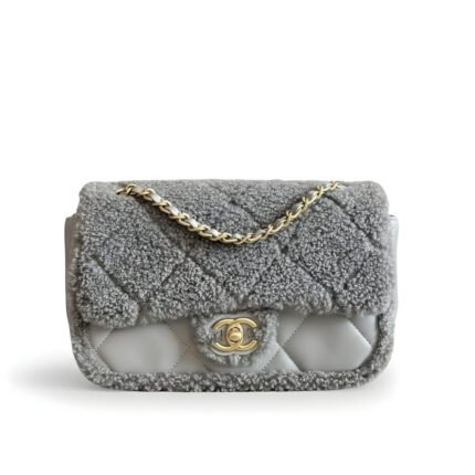 Chanel Flap Bag Teddy Shearling And Gold Tone Metal Grey 25Cm