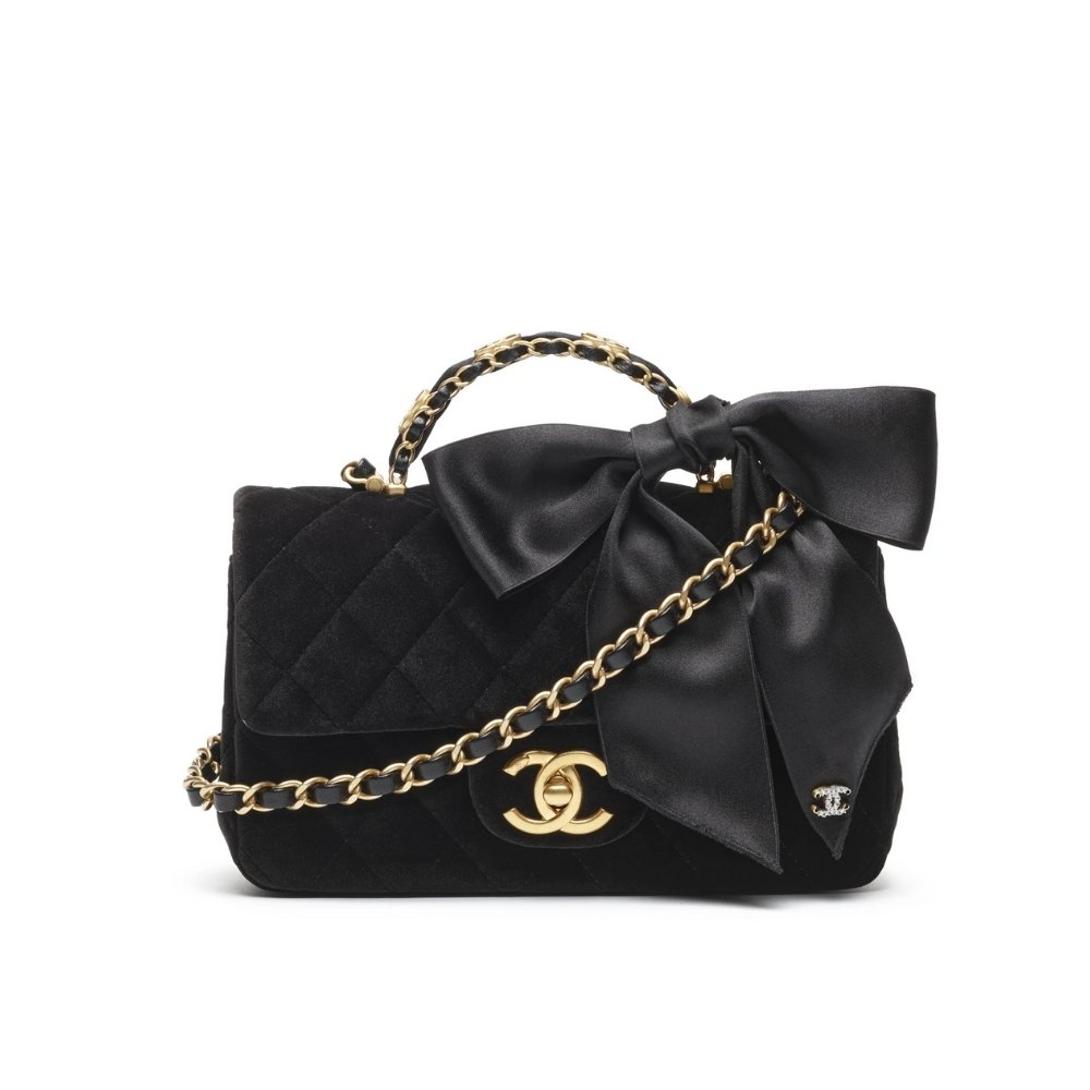 Thumbnail-4-8 Chanel Mini Flap Bag With Top Handle Velvet Silk And Gold Tone Metal Black 20Cm As5875 B22481 94305 - Image 1