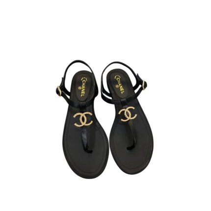 Chanel Gold Cc Logo Thong Sandals Black