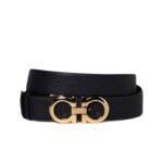 Salvatore Ferragamo Gancini Black Leather Belt With Gold Metal Buckle 2.5Cm