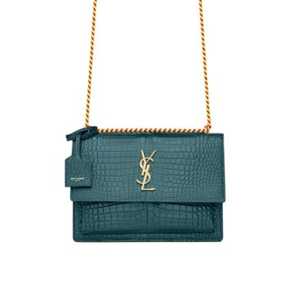 Saint Laurent Sunset Medium In Crocodile Embossed Leather Dark Green 22cm 442906DND0J3144