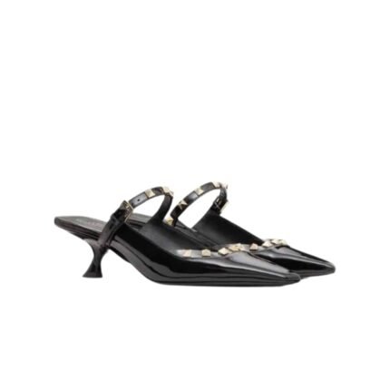 Valentino Garavani Rockstud Asymmetric Patent Leather Mules Black