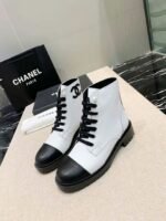 Chanel White Pearl Logo Cc Combat Lace Up Tie Ankle Boots G36209 - Image 7